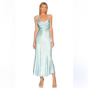Bardot Astrid Midi Slip Dress in Mint blue satin Revolve New L